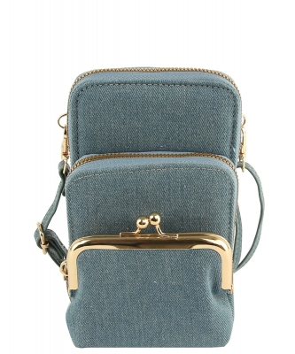 Fashion Kiss Lock Crossbody Bag Cell Phone Purse LMS207 DENIM